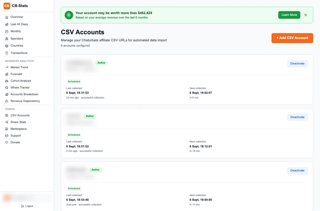 CB Stats CSV Accounts view with connected accounts and collection status