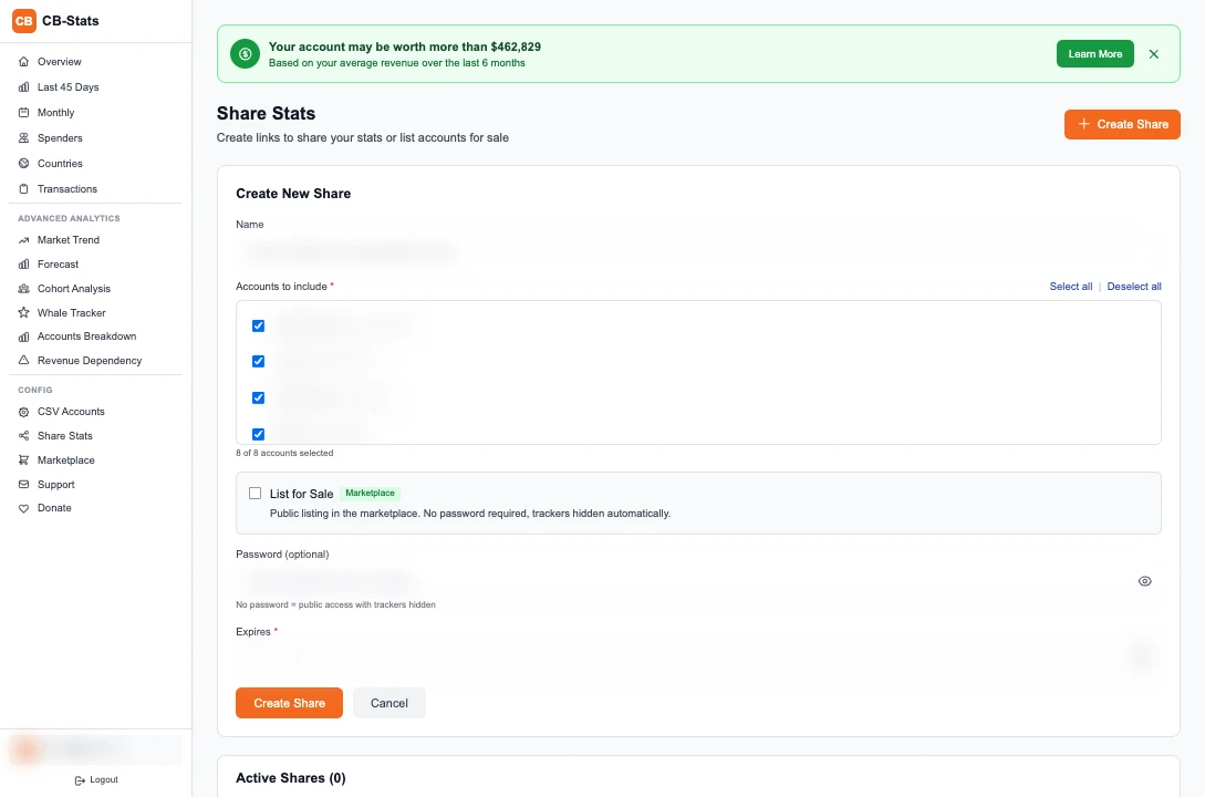 CB Stats Share Stats form with account selection, expiry and sharing options